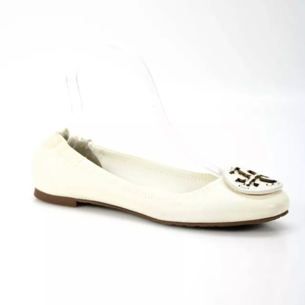 Tory Burch Womens Reva Pebble Leather Round Toe Ballet Flats White Size 6